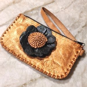 HANDMADE Artisan Crafted Metallic Genuine Leather Wristlet with Black Flower 🌸